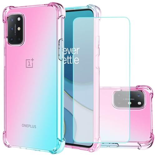 Image of Jhxtech for OnePlus 8T 5G Case with Tempered Glass Screen Protector, Clear Gradient Slim Anti Scratch TPU Cover Shockproof Protective Case for OnePlus 8T 5G (Pink/Green)