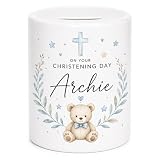 Personalised Christening Ceramic Money Box – Custom Baby Keepsake Coin Pot – Teddy Bear Christening Gift for Boys & Girls (Blue Chrisening Money Box)