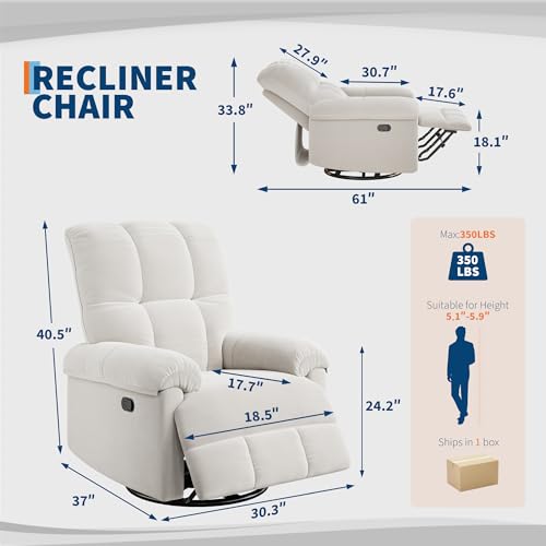 Image of GarveeHome Recliner Chair, 360 Swivel Rocker Glider Nursery Chair with Padded Armrest and Deep Seat, Chenille Upholstered Reclining Sofa Chair for Living Room, Bedroom and Nursery(Cream)