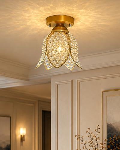 Image of Homesake Gold Metal Lotus Crystal Flush Mount Ceiling Light for Hallway, Bedroom, Living Room, Foyer & Balcony, Crystal Ceiling Lamp, Fixture Ceiling Light, Decorative Chandelier Light for Home Decor
