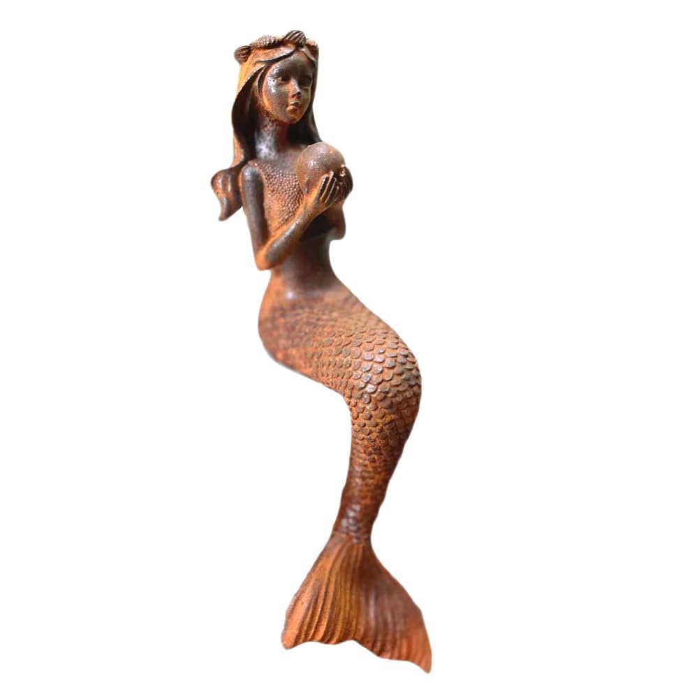 Gusseiserne Meerjungfrau Statue 22 cm,Dekorative Figur für Haus & Garten, Vintage Maritim Deko, Rost Optik, Vintage-Look (Braun)