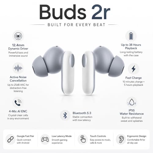 Image of Original in-Ear True Wireless Earbuds Compatible for OnePlus Buds 2R, 12.4mm Drivers, Up to 48H Playback with Case, 4 Mic AI Call Noise Cancellation, IP55 Water Resistant (White)