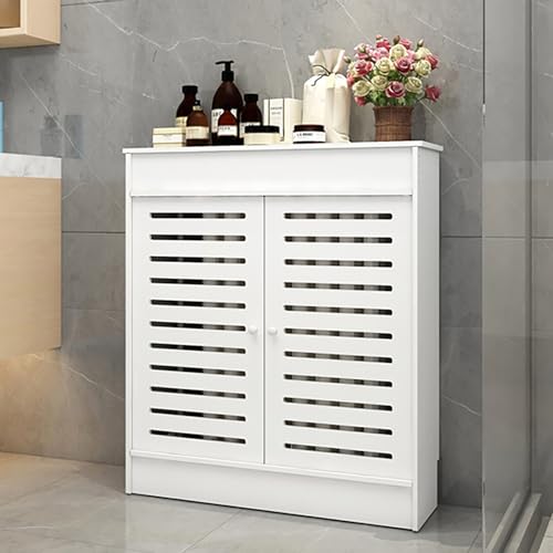 Armoire cache-radiateur blanc en bois avec étagères et portes à persiennes