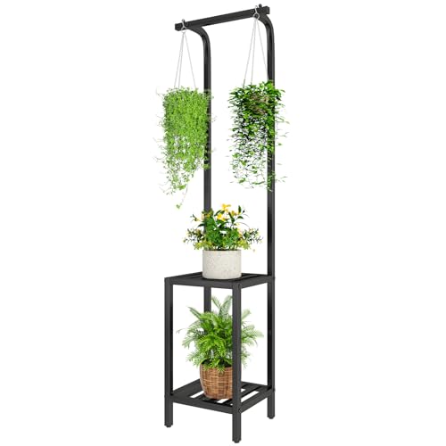 IBUYKE 170cm Hoch Pflanzenständer für Innen Außen, 3 Etagen Metall Hängendes Blumenregal für Mehrere Pflanzen, Pflanzenregal Blumenständer für Wohnzimmer Balkon Garten, Schwarz TMJ076B