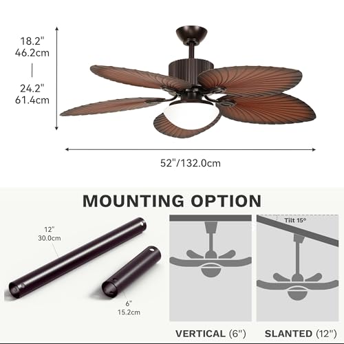 DWVO 52" Tropical Ceiling Fan with Light & Remote, LED Tri-Color Temperature, 5-Blade Ceiling Fans with 6-Speed Reversible DC Motor, Includes 6"/12" Downrods for Living Room, Bedroom, Dining Room