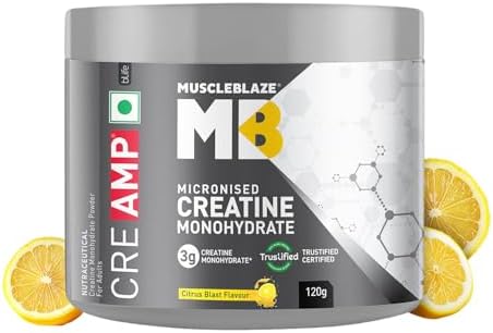 MuscleBlaze Micronised Creatine Monohydrate CreAMP Powder, Citrus Blast (30 Servings, 120g) | Trustified Certified Creatine
