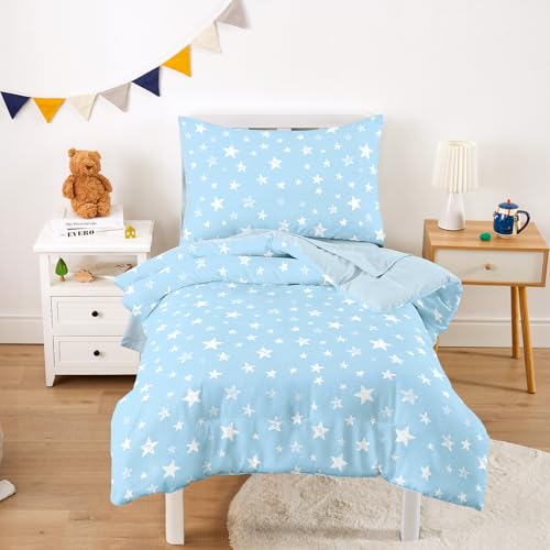 Image of Wake In Cloud - Toddler Bedding Set for Boys Girls, Cute Star Polka Dot, 4 Pieces Soft Crib Bed Set Including Comforter, Sheets and Pillowcase, Sky Blue