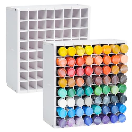 Image of Krafetto 2 Pack 64 Grids Paint Organizer Storage Rack, Wall-mountable Craft Paints Holder, Paint Bottle Organizer Rack Stand for 2 oz Acrylic Craft Paints