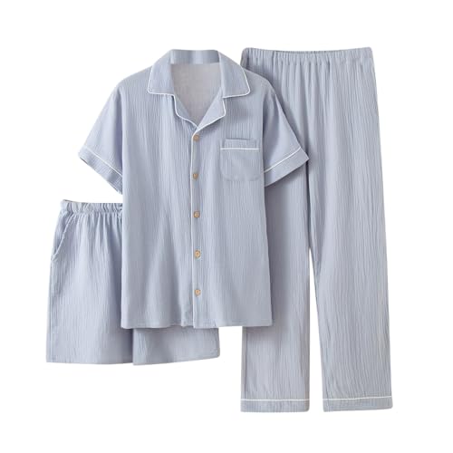 Mens Button Up Pajamas Sets Lightweight Breathable Gauze Sleepwear 3 Piece Thin Comfort Loungewear Set