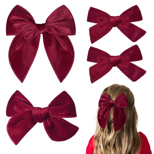 DEEKA 4 PCS Dark Red Velvet Hair Bows 3 Styles 5" & 4" Handmade Hair Bow set for Toddler Girls Alligator Hair Clips Knot Bows Hair Accessories for Little School Girls (Dark Red)