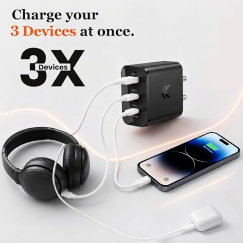 Image of KARWAN Original 65W GaN Charger with Cable, 3 Multi Port Adapter for iPhone,iPad,Samsung,Nothing,Google Smartphones,Tablet & More,Compact Rapid Superfast Charger with Gan,QC 3.0,PD-3.1,PPS Technology
