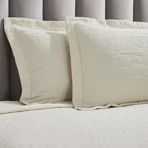 Superior 3 Piece Cotton Bedspread Set, Home Bed Decor, Decorative Bed Spread, 2 Pillow Shams, Medium Weight Blanket, Matelasse Coverlet, Bedding Essentials, Hibiscus Collection, Queen, Ivory