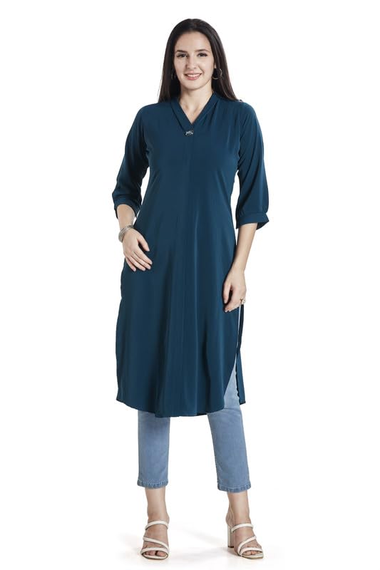 Image of nioni Women's Straight Solid Kurti with V-Fold Neck | Rayon Lycra Material | Fashionable Micro Pleates | 3 /4th Sleeve Kurta for Woman & Girls (S to 2XL)