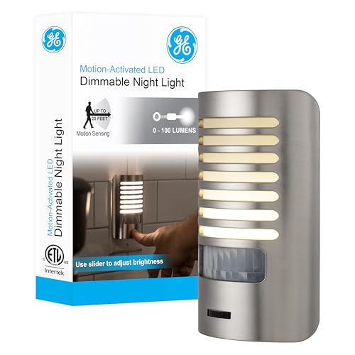 Image of GE LED Night Light, Motion Sensing, Dimmable, Louver Shade, Brushed Nickel, Plug-in, UL-Certified, Ideal Nightlight for Bedroom, Bathroom, Kitchen, Hallway, and More, 67551