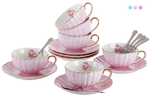 Jusalpha® Porcelain Tea Set-Pink Flower Patten Tea Cup and Saucer Coffee Cup Set with Saucer and Spoon Set of 6 (FD-TCS04 (6) Pink)