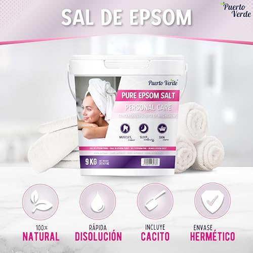 Puerto Verde • Sal de Epsom Pura 9 Kg. Fuente Concentrada de Magnesio. Sal de Baño y Cuidado Personal. Sales Epsom de Rápida Disolución para Relajación Muscular y Buen Sueño. Producción Española. - imagen 2