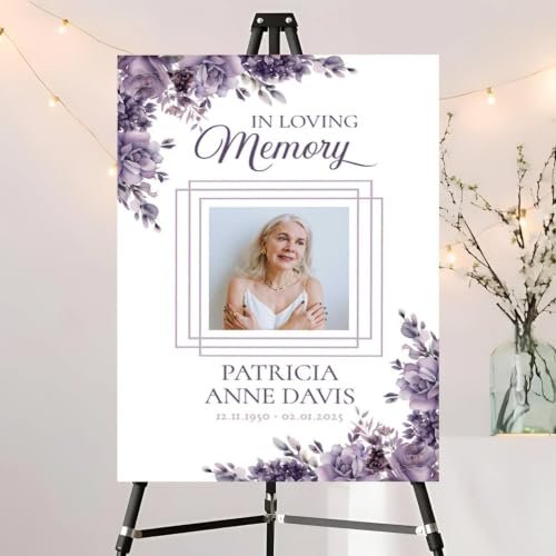 Personalized Purple Floral In Loving Memory Welcome Sign, Funeral Welcome Sign with Photo, Memorial Picture Board, Memorial Sign, Celebration Of Life Decoration, Memorial Decorations #26