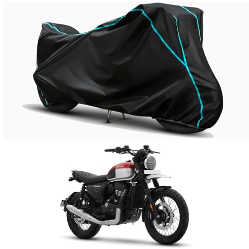 Image of Waterproof Bike Body Cover Compatible for | Yezdi Scrambler | Taffeta Fabric, Sky Piping Design, Bottom Elastic Fit | Dustproof, Sun UV & Rain Protection for All Weather.