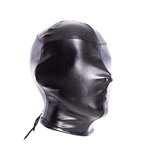 Leather Full Face Mask Adult Sex Bondage Hood Breathable Mask Restraint Masquerade Mask Fetish Head Hood (Head < 64Cm, Black) #TOP4