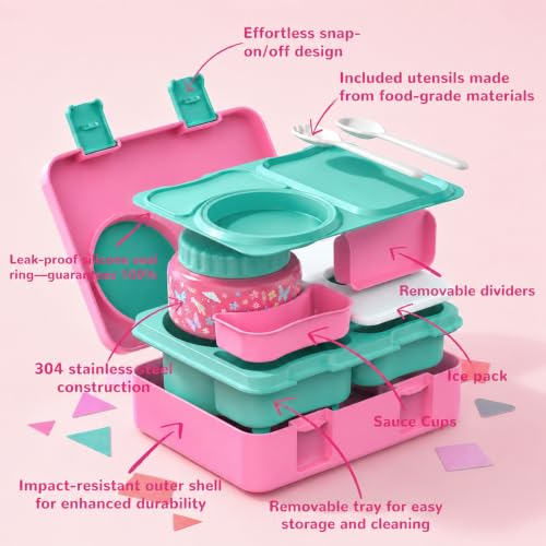Image of Bento Box for Kids, Leakproof Kids Lunch Box with 8.5OZ Thermo Food Jar & Lunch Bag, 3-4 Compartments Toddler Insulated Lunch Box for Girls, BPA Free Lunch Containers for School Daycare