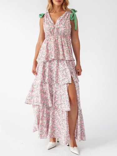 Image of Wenrine Womens Summer Floral Maxi Dress Tie Strap Sleeveless V Neck High Slit Boho Ruffle Tiered Beach Dresses