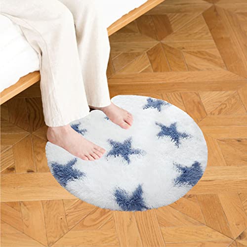 Ultra Soft Bedroom Rug, Round Fluffy Stars Area Rugs, Cute Circle Carpet Plush Rug For Bedroom Living Room Home Decor, Thick Shag Carpet 2 Feet For Kids Aldult (Blue Star) #TOP1