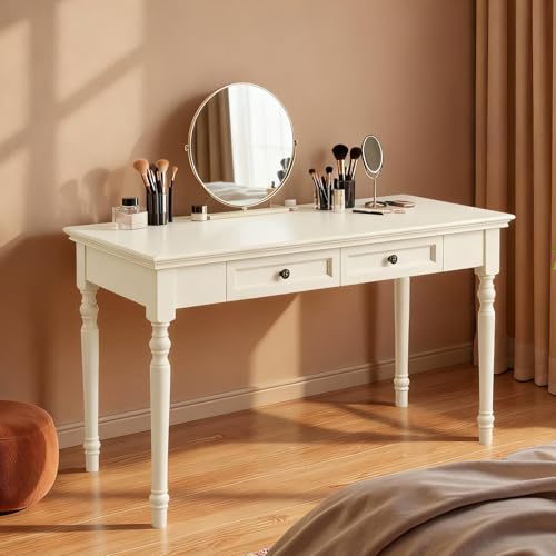 Fucxeoy Escritorio De Nogal Vintage con 2 Cajones, Escritorio De Ordenador Tradicional De Estilo Rústico De 119 Cm, Tocador Clásico De Madera Maciza, Ideal para Oficina En Casa, White