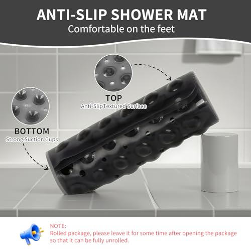 Cozary Duschmatte rutschfest, 53 x 53 cm, Antirutsch Badematte für Badewanne & Dusche, Weiche PVC Duschmatte mit Saugnäpfen, Maschinenwaschbar-Schwarz
