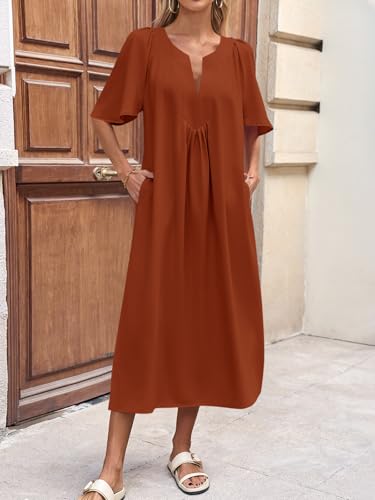 Image of Wenrine Womens Flutter Short Sleeve Maxi Dress Casual V Neck Side Slit Pleated Loose Flowy Summer Dresses