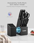 Knife Set, TUUMIIST 18PCS Black Kitchen Set - Knife Set with Block and Sharpener & Kitchen Utensils Set & Removable Utensil Holder-Precision Cutting, Effortless Sharpening, Convenient Organization