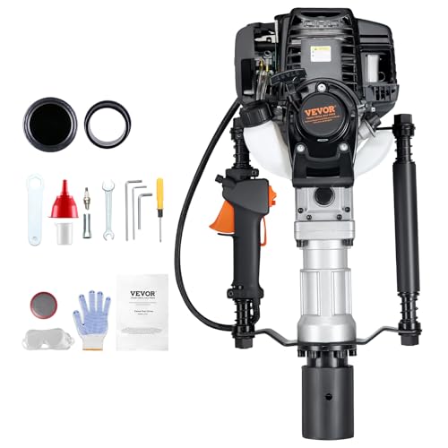 VEVOR 37.77cc Gas-Powered T Post Driver, 4-Stroke Engine Gasoline Fence Piling Pounder, with 2 Post Driving Head(55/70 mm), 1000W Portable Piledriver For Farm, Ranch Fencing, Road Improvements