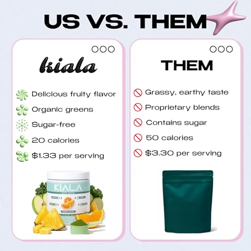 Kiala Nutrition Super Greens, Organic Greens Powder with Spirulina & Chlorella for Digestion, Gut Health, Immunity, Energy, Gluten Free, Vegan, Sugar Free, Spectra Blend, Watermelon Slush, 30 Servings