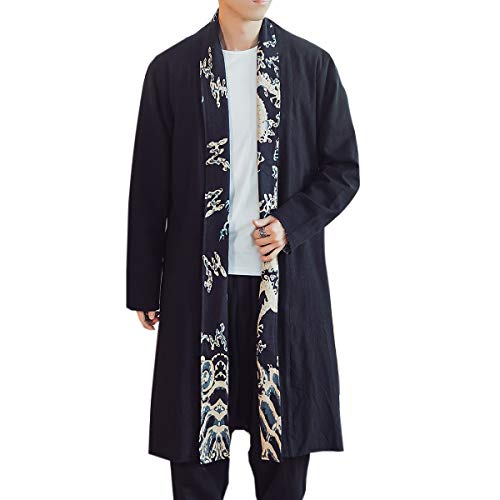 Seidarise Men's Long Kimono Cardigan Robe Japanese Style Flying Crane Seven Sleeves Open Front Coat