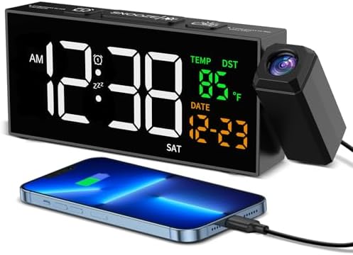 Netzu Digitaler Wecker mit Projektion, Projektionswecker mit 350° Projektor, Thermometer, Datum, Große Anzeige, 10 Klingeltönen, 4 Helligkeit, 4 Lautstärke, Manuell DST, Lauter Wec