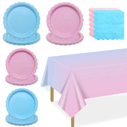 Gender Reveal Party Supplies Set for 20 Guests, Including Pink Blue Tablecloth, Napkins and Plates for Gender Reveal Decorations Baby Shower Boy or Girl Party