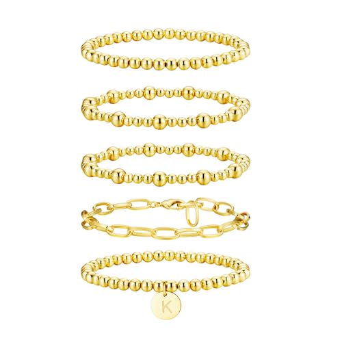 Lydow Beaded Bracelets for Women, Initial K Letter Bracelet Stack Bracelet Plated Stretch Bead Ball Paperclip Jewelry Set Gifts