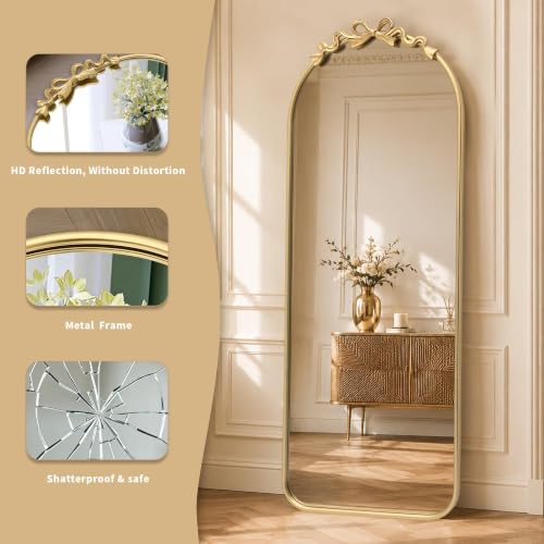 Image of Besdomus Arched Mirror Full Length: 21 inchx56 inch Vintage Bow Gold Floor Mirror | French Antique Baroque Traditional Ornate Standing for Entryway /Cloakroom /Bedroom - Ideal for Fashion-Conscious Ages 18-45
