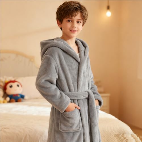Image of Boys Girls Bathrobes,Toddler Boy Girl Robes,Children's Plush Soft Coral Fleece Hooded Pajamas Sleepwear for Kids
