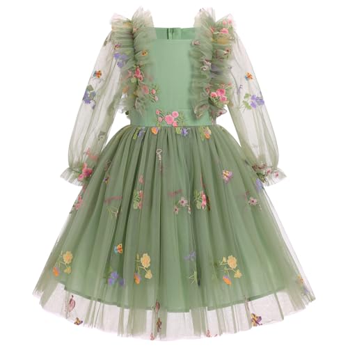 IBTOM CASTLE Fairy Dress Toddler Girls Long Sleeve Floral Tulle Dresses Holiday Christmas Flower Girl Wedding Guest Princess Birthday Cake Smash Photoshoot Outfit Sage Green 6-7 Years