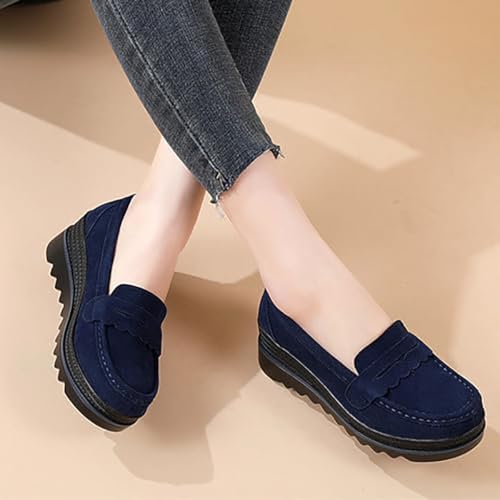 Image of Women's Retro Suede Casual Loafers Slip-On Comfort Wedge Walking Shoes Moccasin Lightweight Non-Slip Thick Sole Boat Shoes