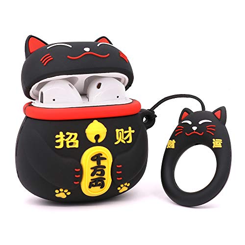 Yonocosta Cute Airpods Case, Airpods 2 Case, Fashion Funny 3D Cartoon Animals Black Lucky Cat Kitty Shaped Full Protection Shockproof Soft Silicone Charging Case Cover With Keychain For Airpods 1&2 #TOP1