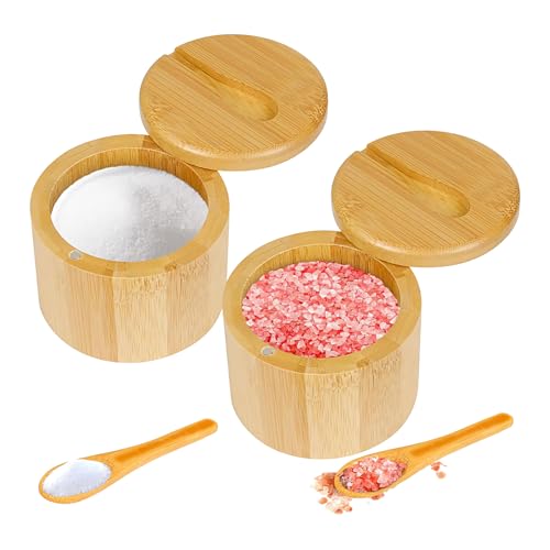Salero - Caja para Sal y Pimienta con Cucharas Incluidas | Juego de 2 Botes con Tapas Giratorias Magnéticas y Cuchara para Especias de Cocina