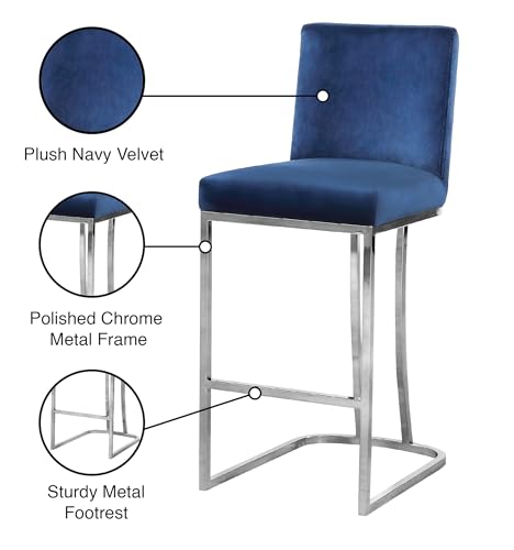 Butaco moderno de terciopelo azul con patas metálicas cromadas, 16" x 19.5" x 36.5" miniatura 6