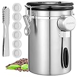 Airtight Coffee Canister, HAIOOU 22OZ Large Stainless Steel Coffee Bean Storage Container with Date Tracker, Measuring Scoop, 6Pcs CO2 Valves and Mini Tongs for Beans, Grounds, Sugar and more - Silver