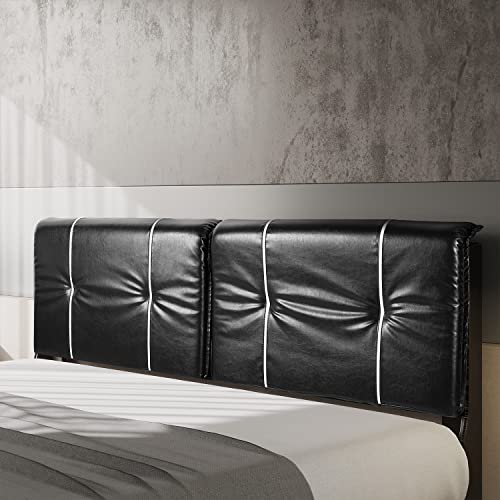 Bonsoir Queen Size Bed Frame Upholstered Low Profile Modern Platform Bed With Faux Leather Headboard/No Box Spring Needed/No Bed Skirt Needed/Black Faux Leather (Black) #TOP5