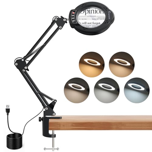 COLFULINE Lupa com luz de 3 cores, lâmpada de aumento regulável 10X, candeeiro de mesa recarregável com braçadeira, 10 lâmpadas de brilho ajustáveis para leitura, artesanato