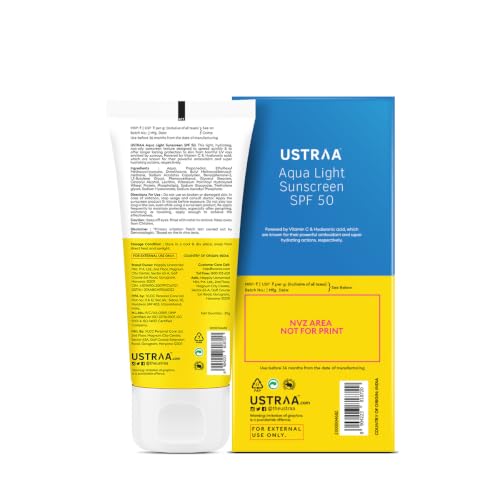 Image of Ustraa Aqua Light Sunscreen SPF 50 PA++++ for Men - 30g | No White Cast | Non-Oily & Non-Greasy Formula with Hyaluronic Acid & Vitamin C | UVA /UVB Protection