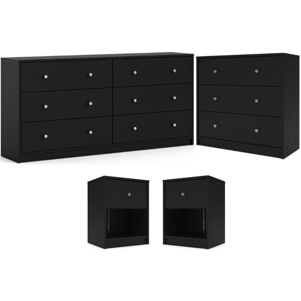 Home Square 4-Pc Scandinavian Design Bedroom Furniture Set with 3-Drawer Chest, 6-Drawer Double Dresser & Two 1-Drawer Nightstands, Plastic Pewter Handles and Smooth Glides, in Black