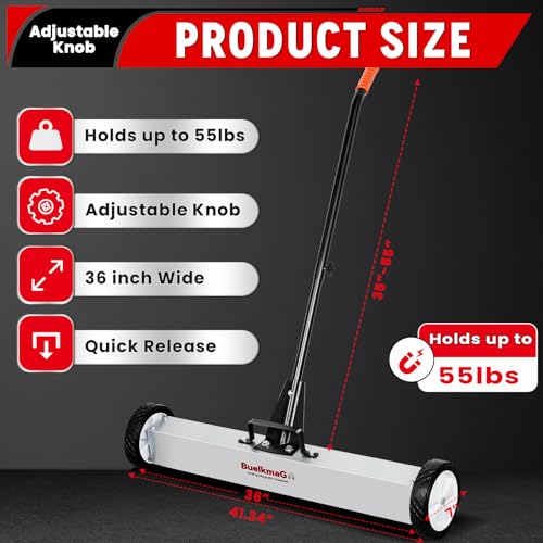36 Inch Rolling Magnetic Sweeper with Wheels 55Lbs Nail Magnetic Sweeper Heavy-Duty Magnet Pickup Sweeper with Long Adjustable Handle for Garage and Yard - Thumbnail 2