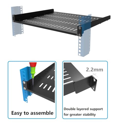 JINGCHENGMEI 2 PCS 1U Vented Server Rack Shelf, 14-17 Inch Adjustable Universal Cantilever Rack Mount Tray for 19 Inch Networking Equipments Rack Enclosure, Black (1U14In2PCS) - Thumbnail 7